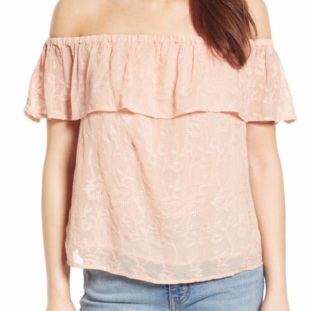Lucky Brand Womens Embroidered Off The Shoulder Ruffle Top M Peach Boho Coquette